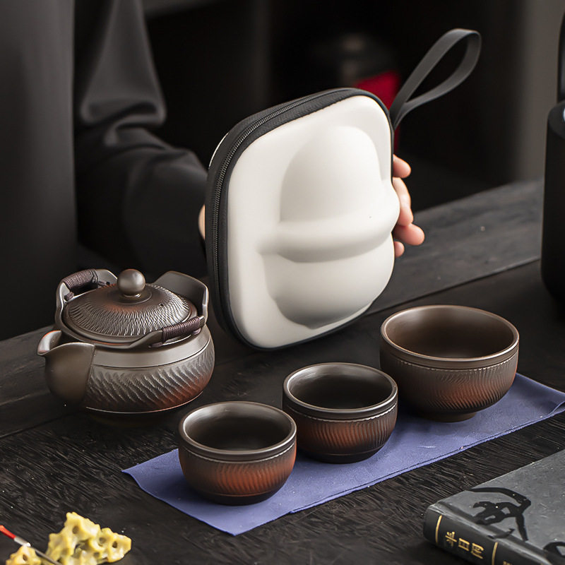 手工跳刀紫陶手抓茶壶盖碗泡茶防烫高档便携旅行茶具快客一壶三杯