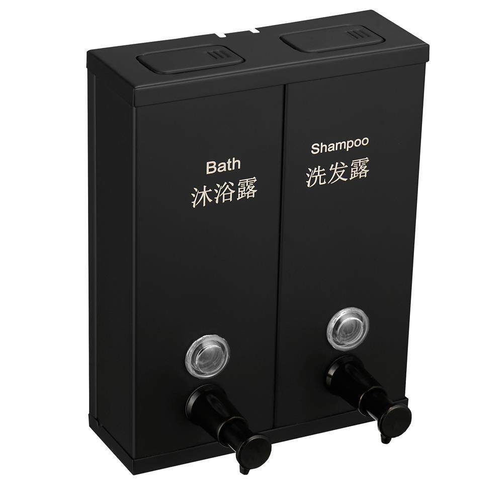 黑色304不锈钢酒店双头皂液器壁挂式皂液盒1500ML洗手液瓶出液器