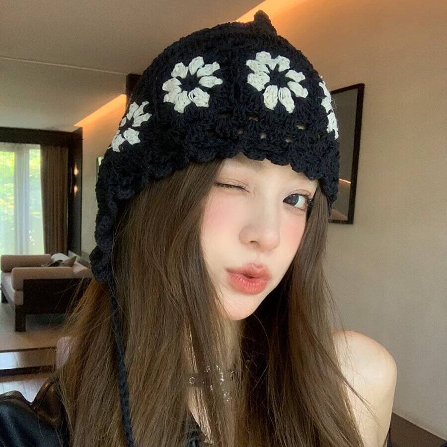 ins森系手工针织镂空花朵流苏包头帽女春夏薄款百搭显脸小渔夫帽