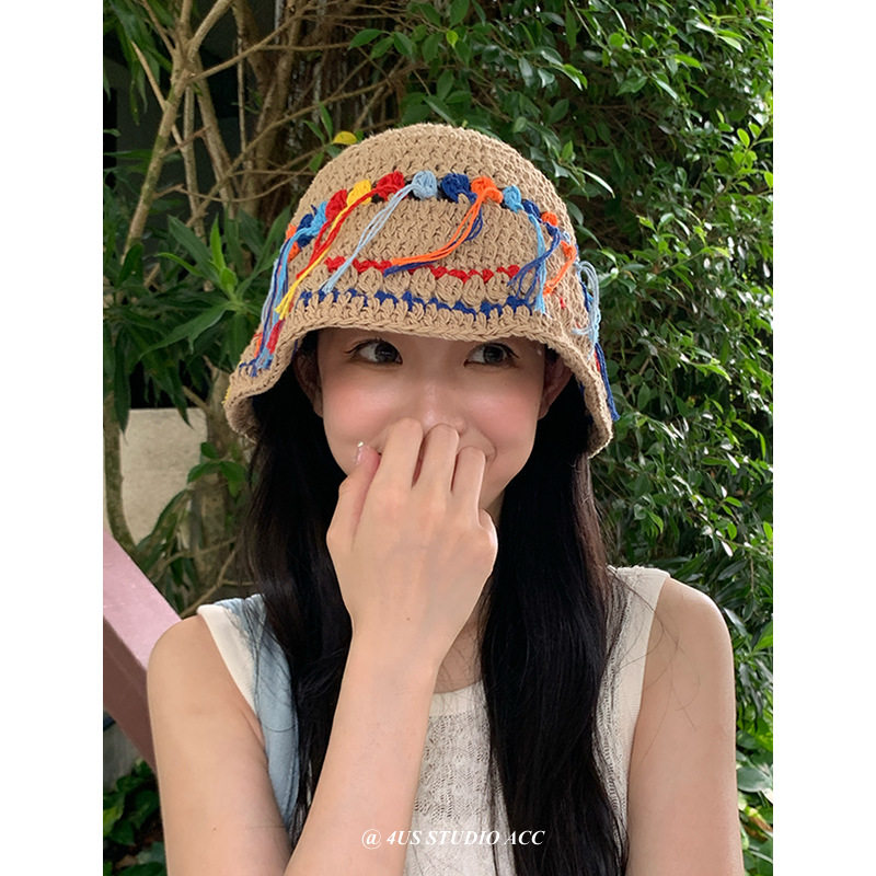 韩版夏季小清新手工钩织彩色流须针织渔夫帽女休闲甜美盆帽显脸小