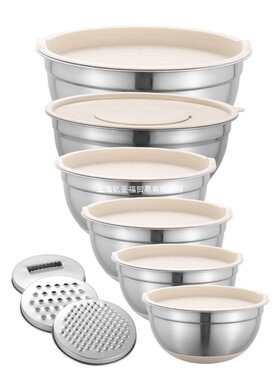 不锈钢沙拉盆卡其黑色硅胶底防滑带盖带刨丝打蛋盆套装烘焙搅拌盆