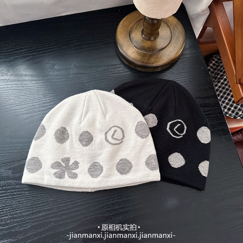 韩版ins波点提花针织帽女保暖包头帽秋冬百搭户外滑雪毛线帽冷帽