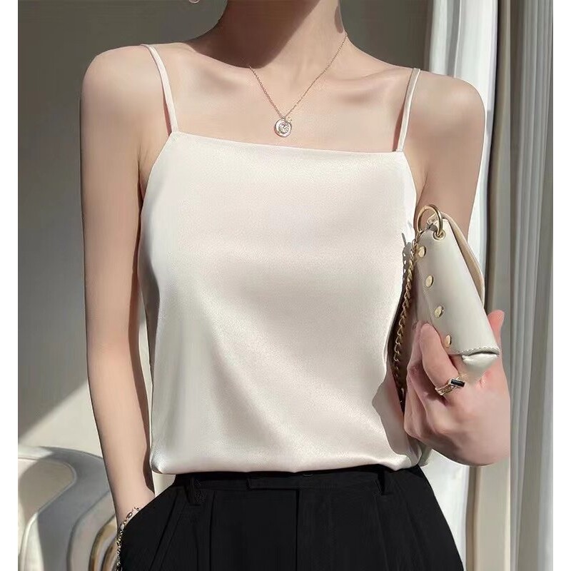小吊带背心女白色西装内搭2024夏季新款百搭打底衫一字领缎面上衣