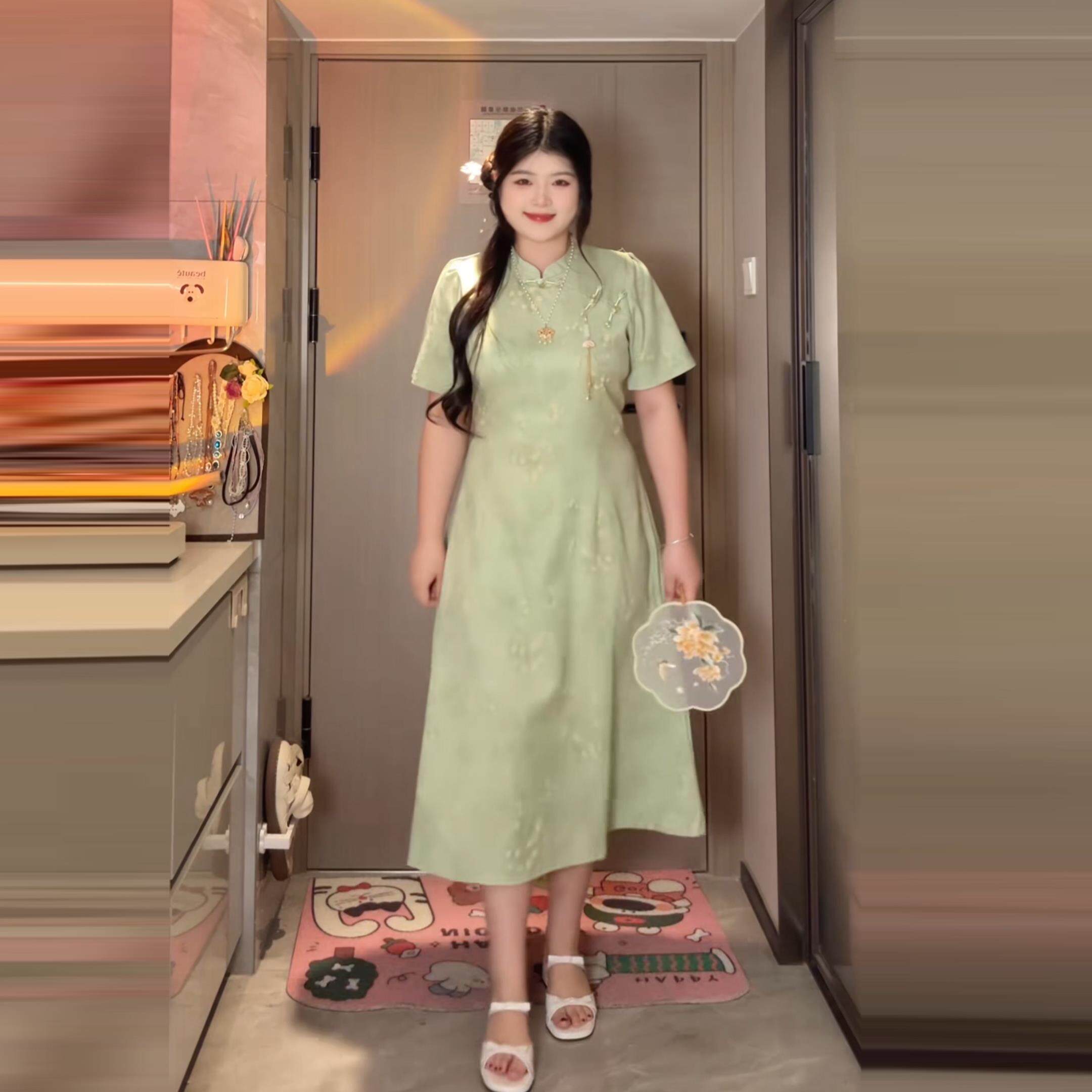 大尺码设计感新中式旗袍国风洋装女夏季微胖mm显瘦修身长短款裙子