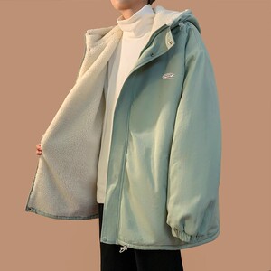 秋冬季羊羔绒棉衣男加绒加厚连帽潮牌休闲日系青少年宽松棉服外套