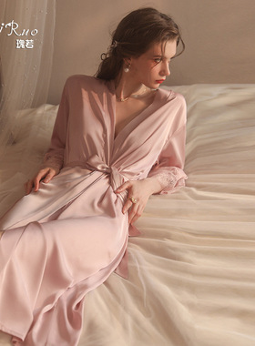 dz瑰若性感蕾丝拼接缎面睡衣长款外袍女式家居服套装19960