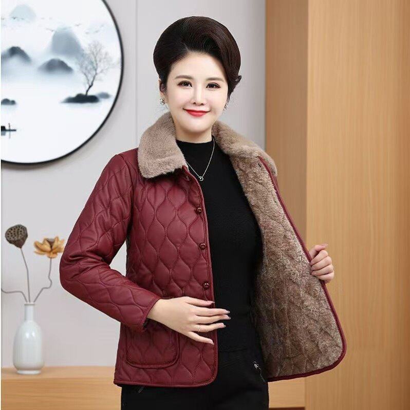 冬季时尚棉衣女洋气新款棉袄外套加绒加厚中老年PU保暖棉服妈妈装