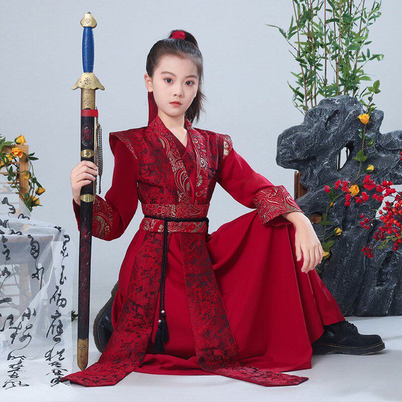 儿童国风花木兰服装侠客风扇子舞少年志群舞雪龙吟红色古装演出服