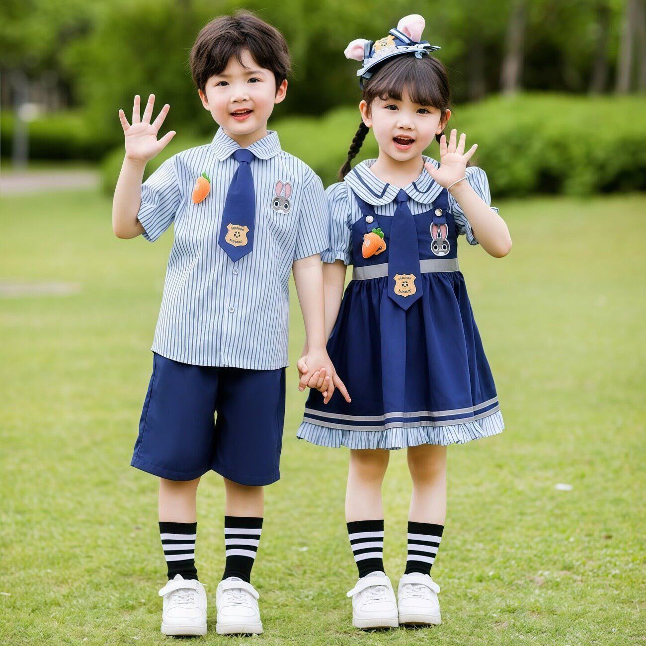 儿童衬衫夏季套装男女童JK制服幼儿园班服学院风礼服兄妹装表演服