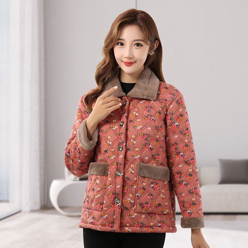 2025秋冬妈妈碎花棉衣外套中老年人女装保暖加厚棉服翻领小棉袄