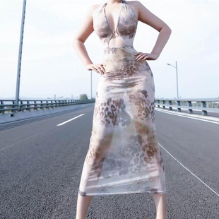 印花网纱透视长裙吊带连衣裙超薄透明女无内衬