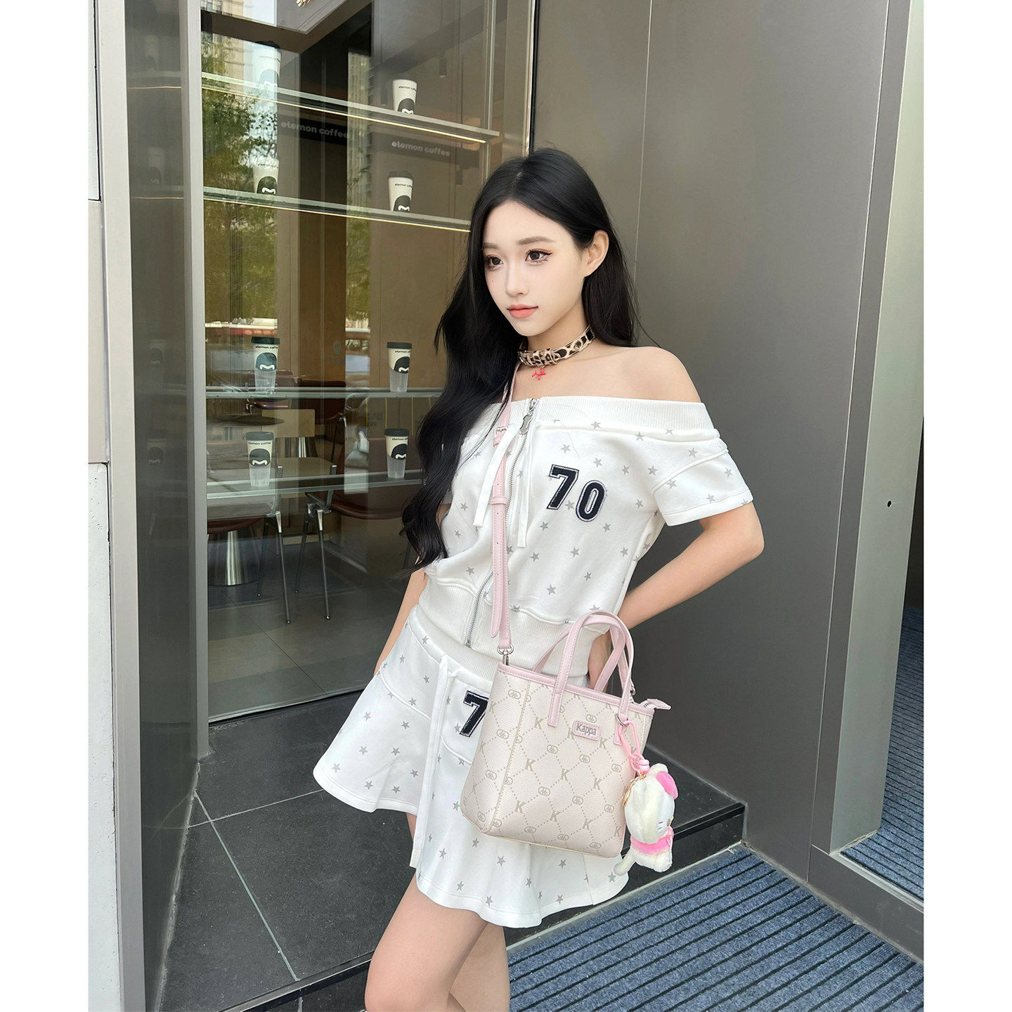 美式辣妹风休闲运动套装女夏季一字肩开衫短袖短裙宽松显瘦两件套