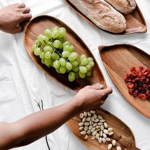 Leaf Shape Acacia Wood Serving Tray Breakfast Sushi Snack Br
