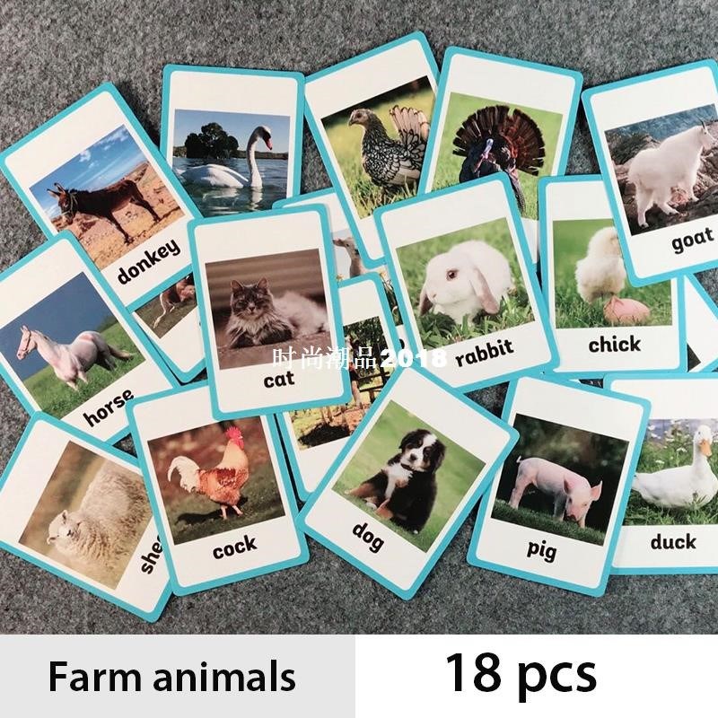 18Pcs/Set Farm Animals Kids Montessori Learnin Enlish Card