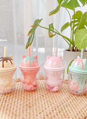 Cat Claw Double-Layer Plastic Straw Water Cup Interior Cherr