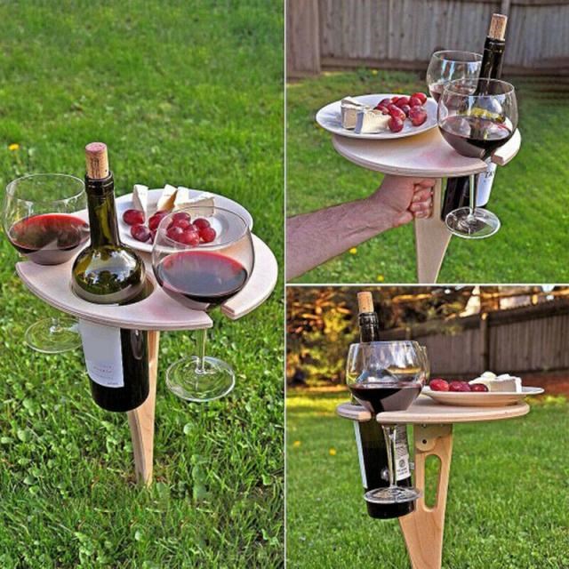 Wooden Outdoor Wine Table With Foldable Round Desktop Mini W