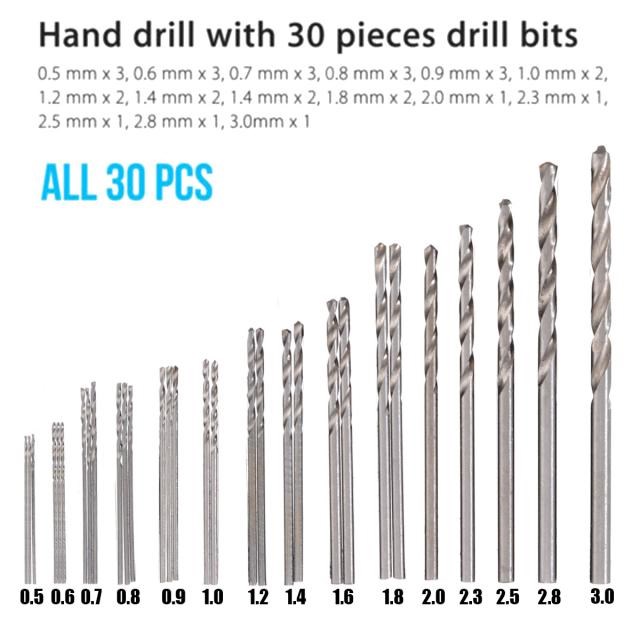 31pcs 0.5mm-3mm Hand Twist Drill Bits Set DIY Precision Hand
