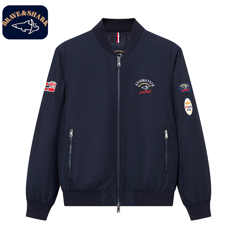 勇士鲨鱼男士春秋美式棒球领夹克季宽松防风防水休闲刺绣上衣外套