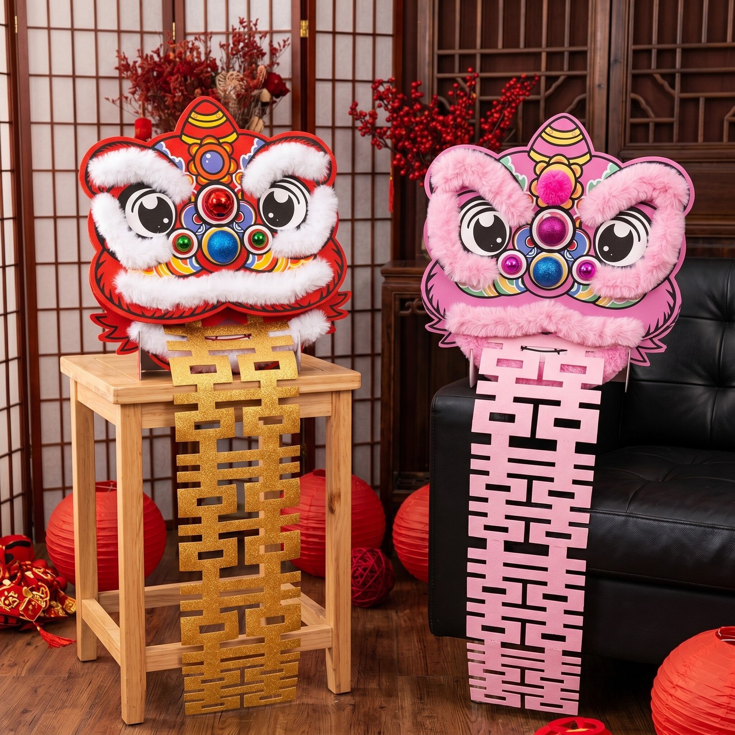 结婚用品醒狮布置套装婚房客厅狮子头落地摆件晨袍拍照道具订婚礼