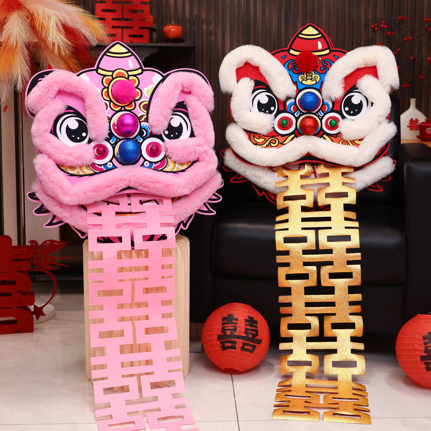 婚礼晨袍醒狮拍照道具婚房布置喜庆狮子传统订婚装饰道具创意摆件