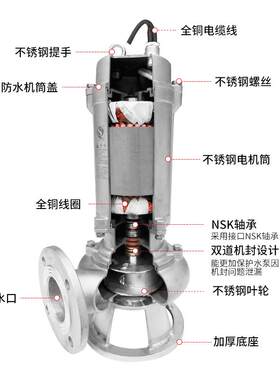新款304全不锈钢污水泵316切割无堵塞潜水泵防腐耐酸包邮