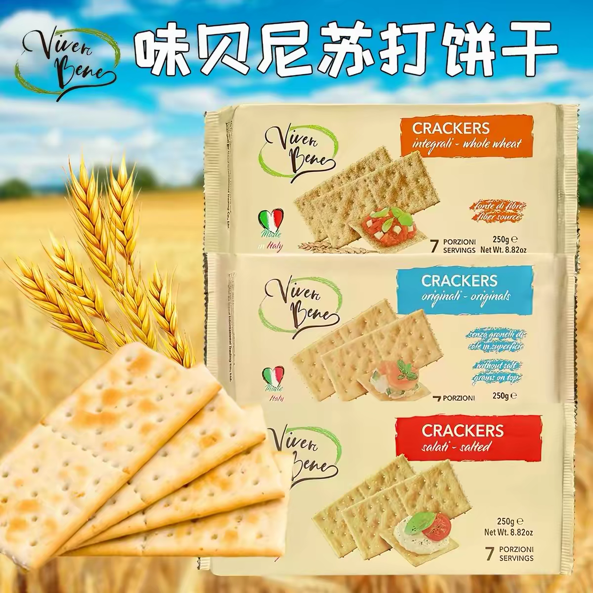临期价意大利进口味贝尼全麦/咸味/原味健康梳打饼干酥脆可口250g