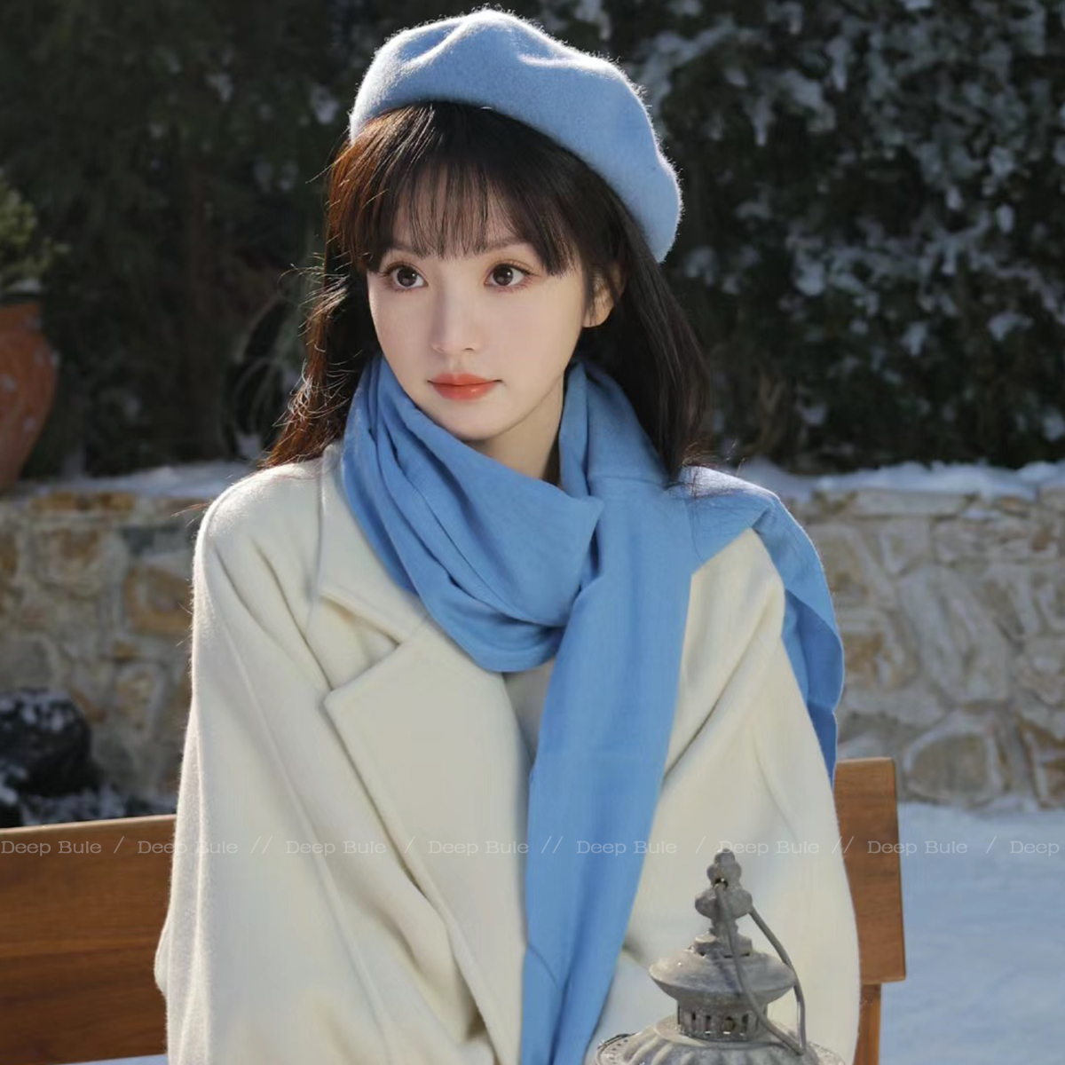 意大利BV田曦薇同款蓝色围巾帽子