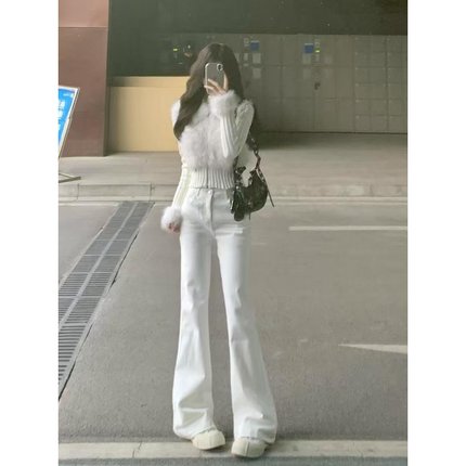 美式白色微喇叭牛仔裤女高腰175高个子修身显瘦加长拖地马蹄裤子