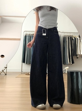 美式深蓝色原色牛仔裤女夏季180超长175高个子加长丹宁阔腿拖地裤