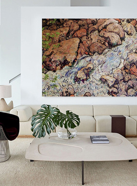 欧式治愈系纯手绘装饰画现代简约客厅抽象艺术横版肌理油挂画溪流