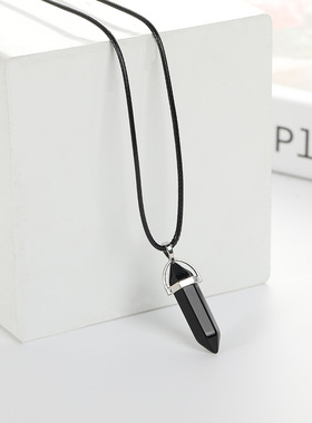 TEMU六角柱吊坠菱形子弹头项链饰品六角吊坠男女黑石项链