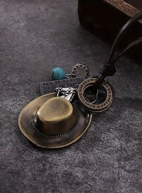 TEMU希音 跨境新品1件套个性时尚西部牛仔帽项链吊坠新款皮项链
