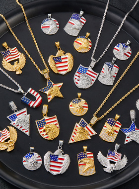 TEMU爆款美国独立日系列合金古巴链吊坠嘻哈配饰饰品古巴项链男款