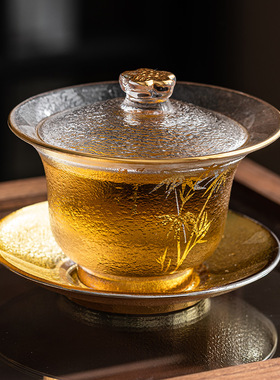 描金梅兰竹菊水晶三才盖碗茶杯家用功夫茶具配件加厚不烫手泡茶器