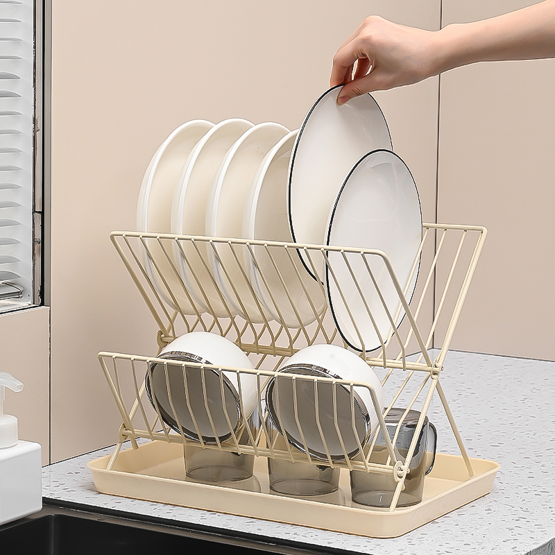 折叠沥水架X型台面式家用碗架铁艺厨房置物架简约双层碗碟收纳架