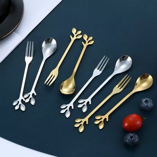 金色咖啡勺北欧风精致不锈钢甜品小勺子叉子小号咖啡搅拌勺水果叉