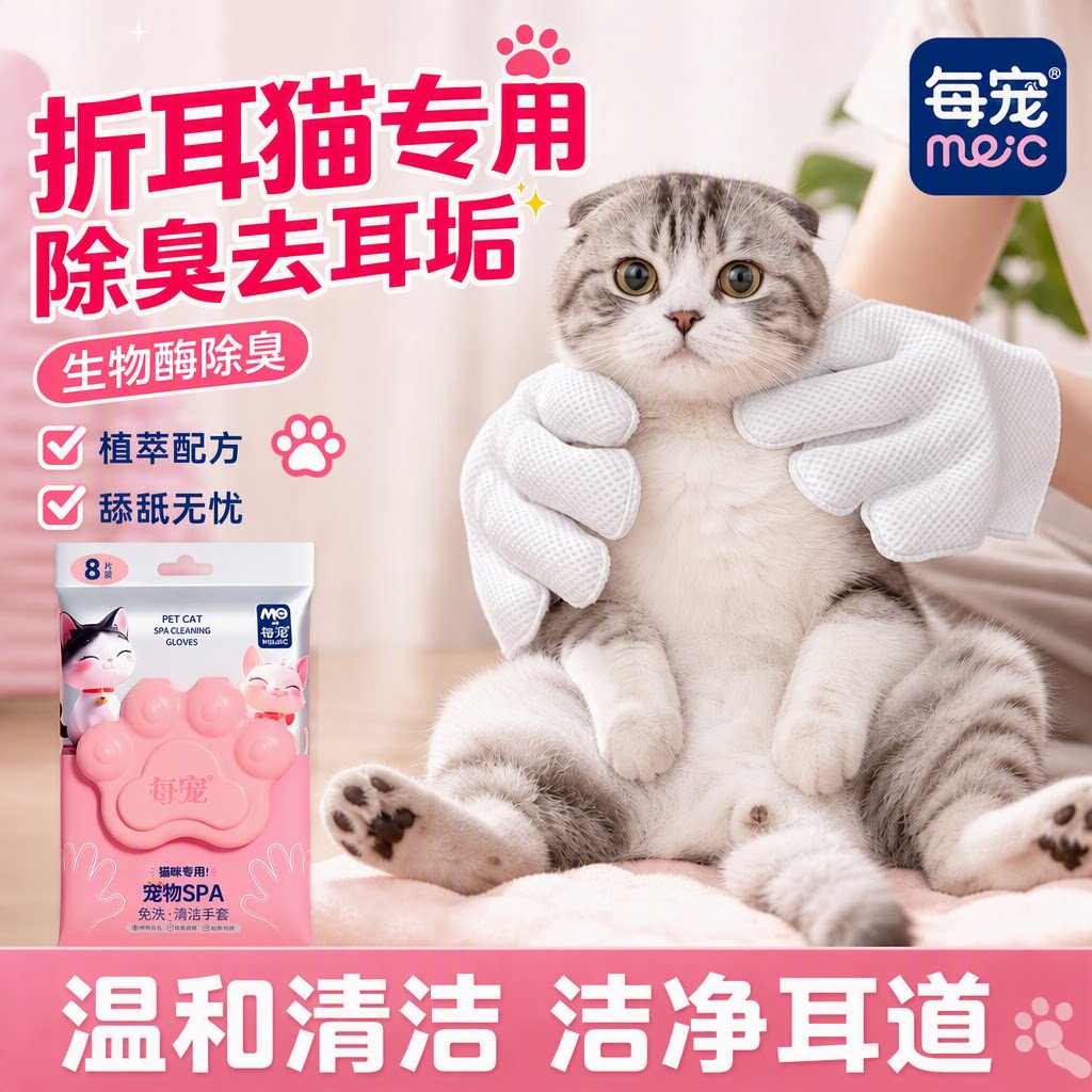 猫咪专用免洗手套温和清洁耳道