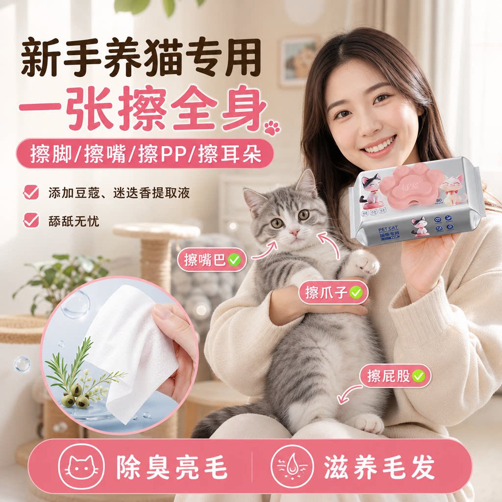 猫咪专用湿巾一张擦全身舔舐无毒