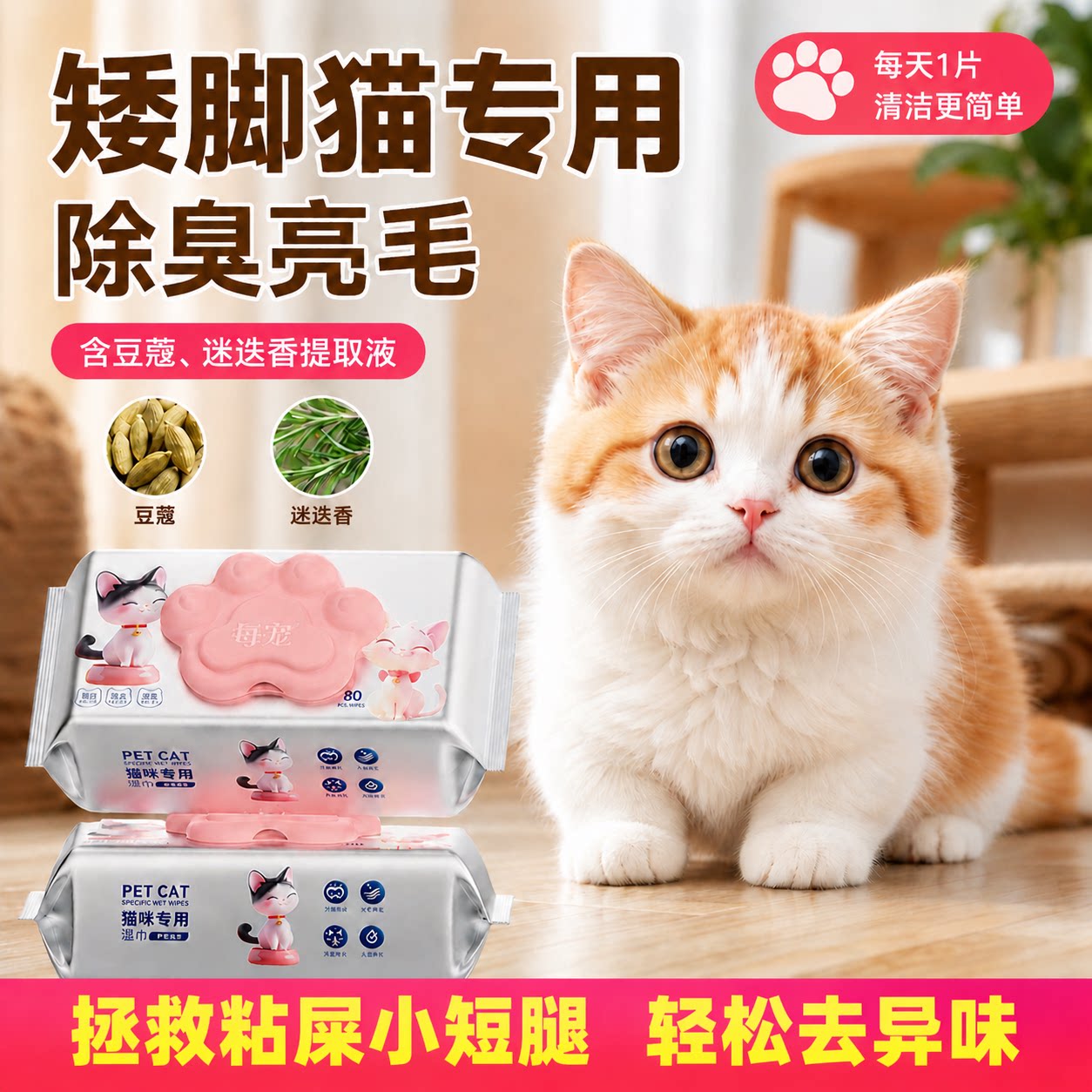 猫咪湿巾顺毛亮毛不刺激除臭去油