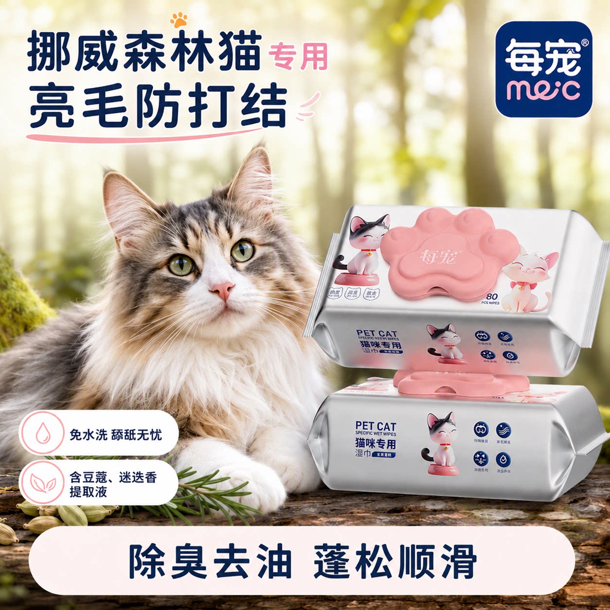 猫咪专用宠物湿巾柔顺亮毛温和