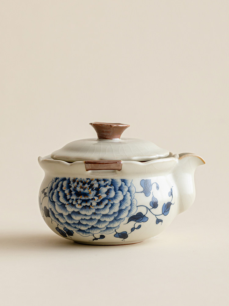 米黄汝窑青花牡丹泡茶壶2人杯陶瓷开片办公室茶楼喝茶器功夫茶具,餐饮具,茶壶,淘宝优惠券,粉丝福利购,淘宝优惠卷