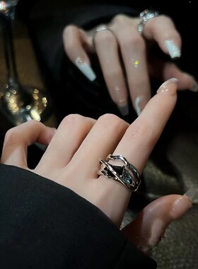 几何黑色水晶冷淡风戒指套装女