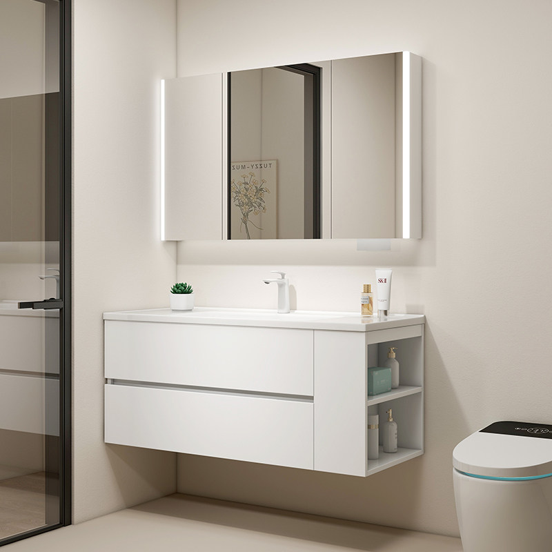 现代简约侧边收纳浴室柜陶瓷一体盆洗脸盆柜组洗手台洗漱台卫浴