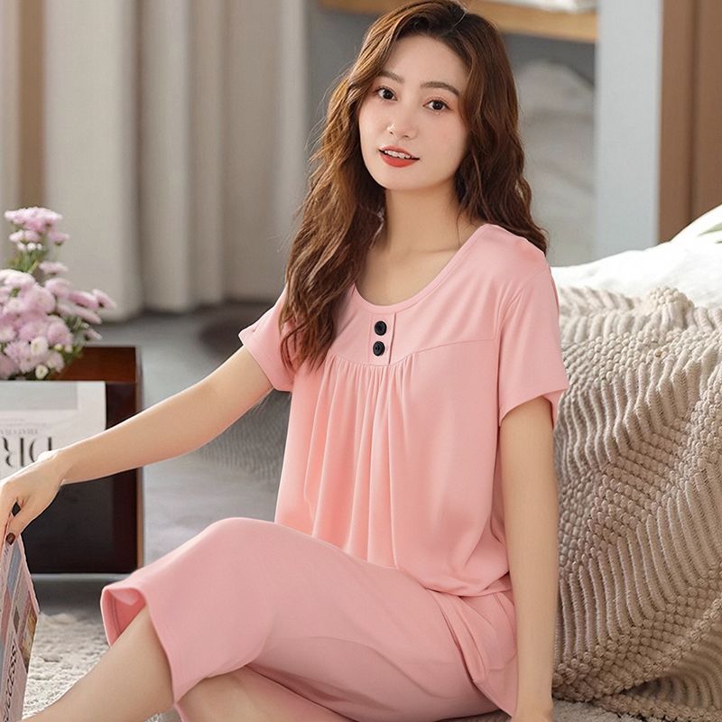 2025夏季新款休闲大码家居服套装遮肚显短袖薄款七分裤两件装女装