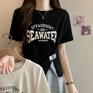 纯棉t恤不规则开叉上衣短袖女夏季2023新款女装宽松显瘦大码上衣