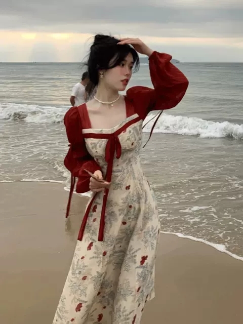 other/其他女装连衣裙春季新款高腰修身显瘦方领雪纺改良汉服裙女