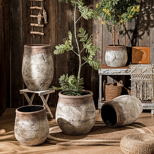 粗陶面镁泥特大号花盆有孔带托盘