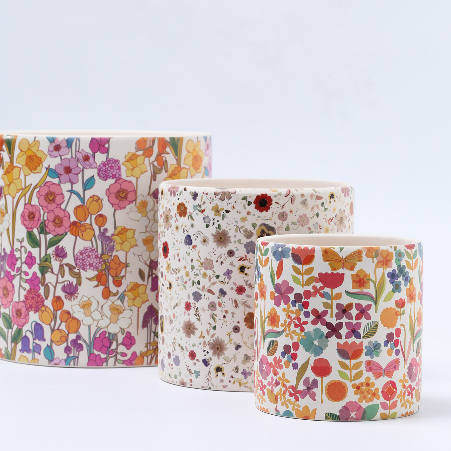 卡通花朵花瓣陶瓷花盆圆柱形家用装饰透气陶盆带托盘兰花绿萝盆栽