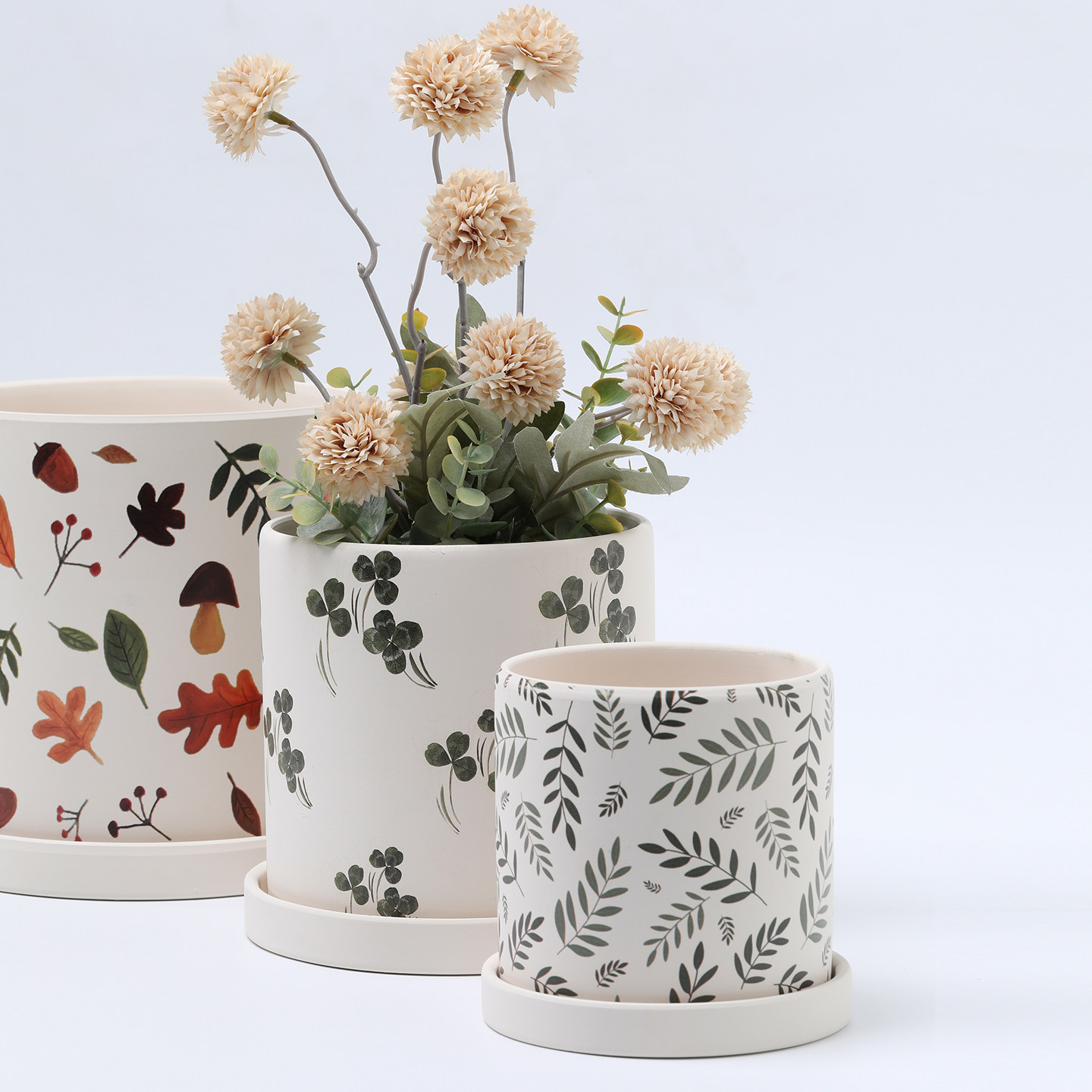 卡通植物叶子陶瓷花盆圆柱形有孔透气陶盆手工印花绿植仙人掌小树