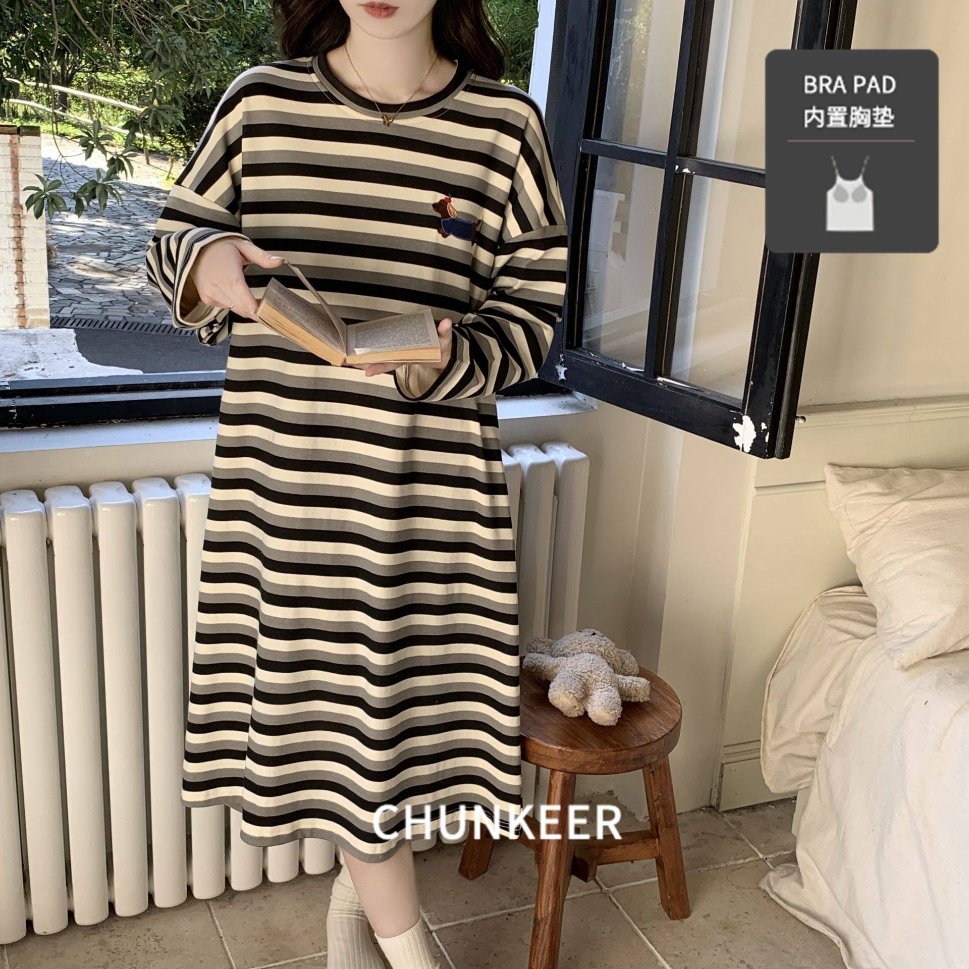 韩系条纹睡裙女秋季带胸垫圆领长袖中长裙子宽松百搭休闲加大码,女士内衣/男士内衣/家居服,睡袍/浴袍,淘宝优惠券,粉丝福利购,淘宝优惠卷